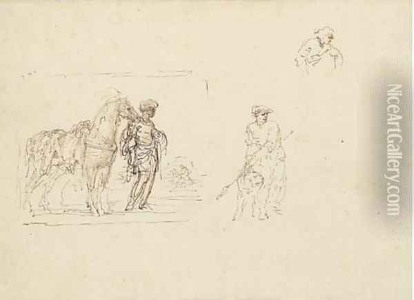 A moor holding a horse saddled with a leopard skin and studies of a figure holding a dog and another figure Oil Painting - Stefano della Bella