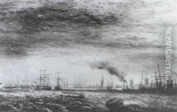 Portsmouth Harbour With H.m.s. Victory Beyond Oil Painting - Claude T. Stanfield Moore