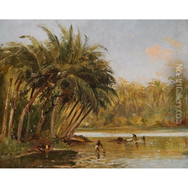 Early Morning Lake Colombo, Sri Lanka; Old Street In Japan (pair) Oil Painting - John Varley the Younger