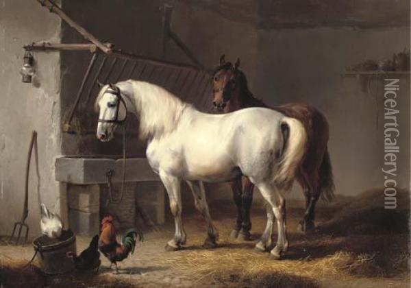 Horses And Chickens In A Barn Interior Oil Painting - Eugene Joseph Verboeckhoven