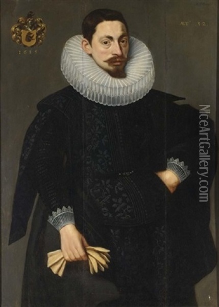 A Portrait Of A Bearded Man Wearing An Elegant Black Suit With White Lace Cuffs Oil Painting - Adam van Noort the Elder