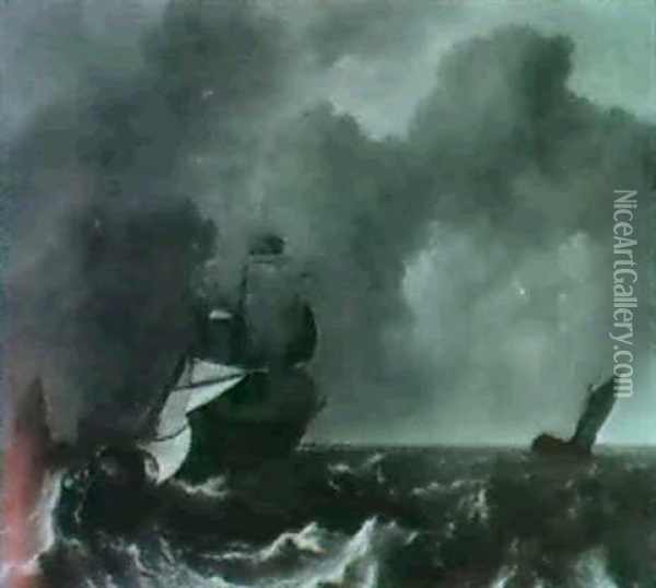 A Wijdschip Going About As It Approaches A Three-master In  Stormy Weather, Other Shippingnearby. Oil Painting - Aernout (Johann Arnold) Smit