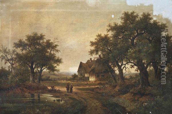 Peasants Walking Along A Country Lane Oil Painting - Hendrik Pieter Koekkoek