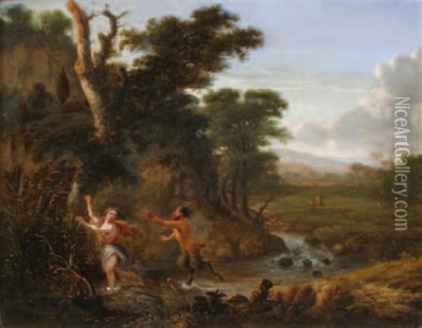 Nymphe Et Satyre Dans Un Paysage De Riviere Oil Painting - Jan Gabrielsz Sonje
