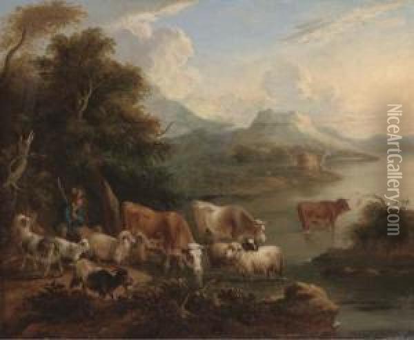 A River Landscape With A Shepherd, His Flock And Other Cattle Onthe Bank Oil Painting - Dirk van Bergen