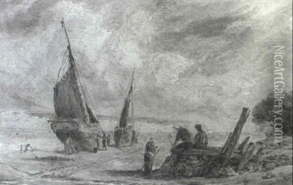 Figures By Beached Fishing Vessels Oil Painting - William Joseph J. C. Bond