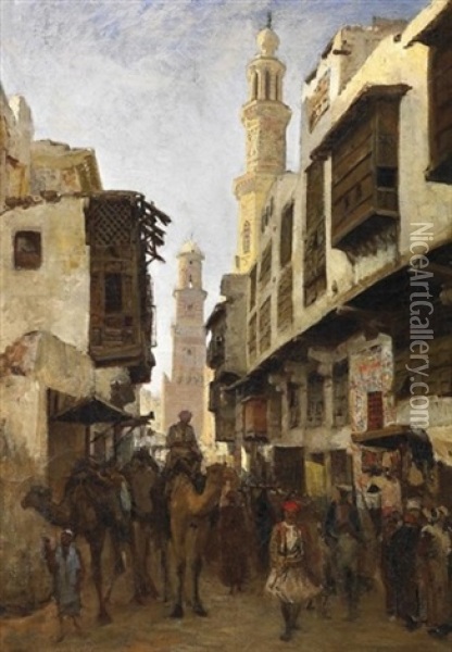 Kairo. Reges Treiben In Einer Altstadtgasse Mit Blick Auf Die Kalaoun Moschee Oil Painting - Nikolai Egorovich Makovsky