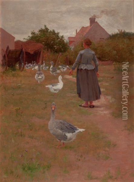 French Woman Feeding Her Geese Oil Painting - Alexis Jean Fournier