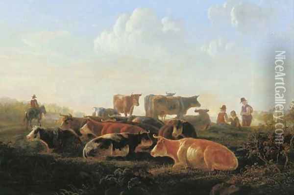 A pastoral landscape with cattle by a river bank, with herdsmen and a horseman Oil Painting - Jacob van Strij