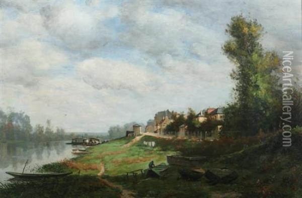 Boathouses Along River Oil Painting - Louis Lucien D'Eaubonne