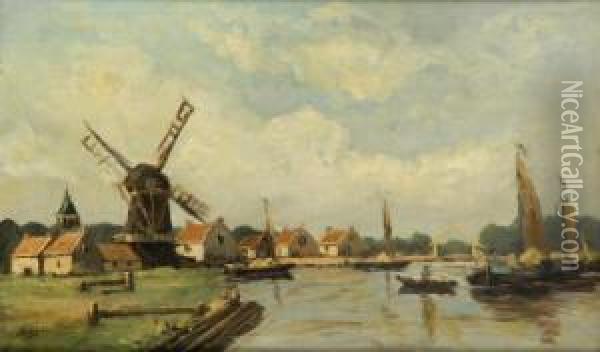 A Dutch Canal Scene With Barges Tothe Foreground And A Windmill In The Background Oil Painting - Johannes Karel Leurs