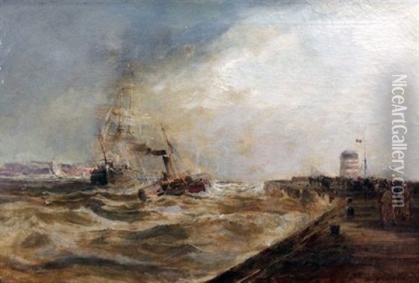 Paddlesteamer And Sailing Ship Entering Harbour Oil Painting - Frank Wasley