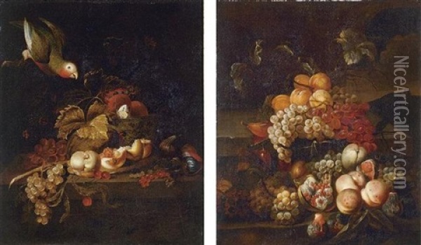 Still Life Of Grapes, A Halved Peach And Cherries Resting On A Table With A Parrot (+ Still Life Of Grapes With A Landscape; Pair) Oil Painting - Jakob Bogdani