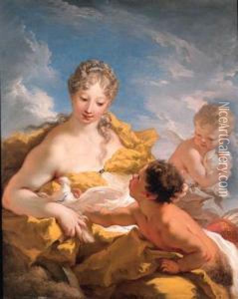 Venus, Cupid And A Faun Oil Painting - Giovanni Antonio Pellegrini