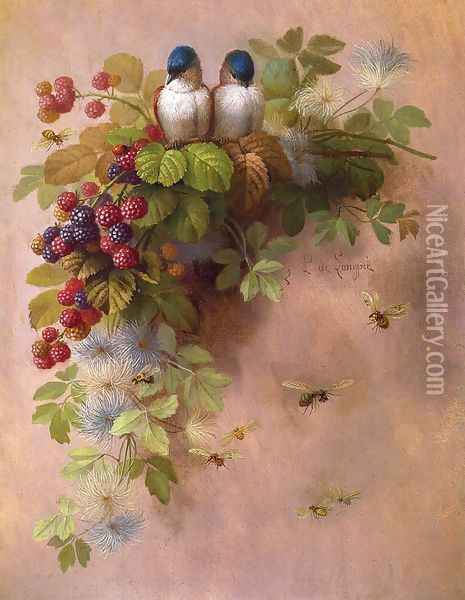 Birds, Bees and Berries Oil Painting - Paul De Longpre