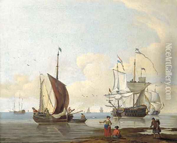 Dutch men'o-war and other shipping in calm seas, figures on a beach in the foreground Oil Painting - Abraham Jansz. Storck