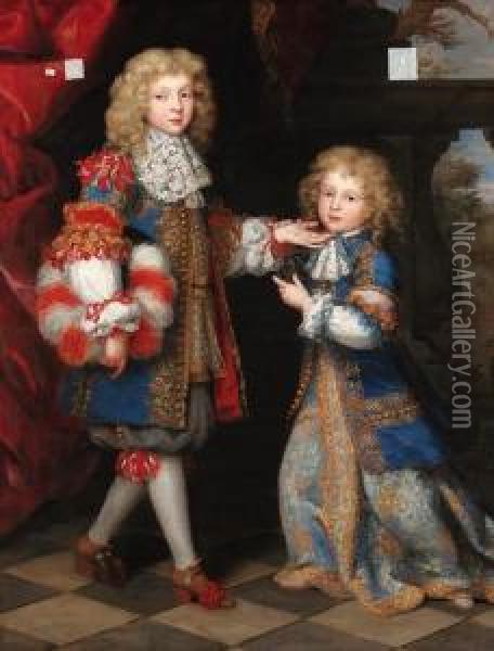 Portrait Of Two Brothers, 
Full-length, In Gold-embroidered Blue Frock Coats With Lace Collars, A 
Landscape Beyond Oil Painting - Henri Gascard