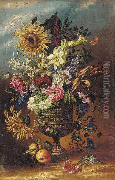 Mixed flowers in an urn by a lizard Oil Painting - Spanish School