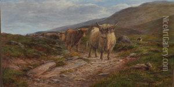Highland Cattle And Drover Oil Painting - William Snr Luker