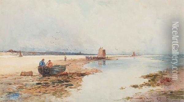 Beached Rowing Boat And Fishing Oil Painting - Thomas Bush Hardy