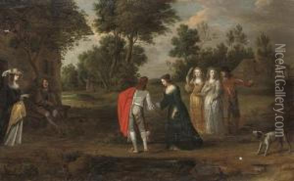 A Wooded Landscape With Elegant Company Courting Oil Painting - Christoffel Jacobsz van der Lamen