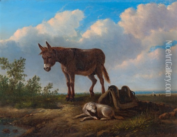 Esel Und Hund Vor Weitem Landschaftshintergrund Oil Painting - Eugene Verboeckhoven