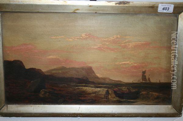 Oil On Canvas Inframe - Figures On Rocky Shore With Fishing Boats - Signed, 24.5cmx 44.5cm Oil Painting - William Matthew Hale