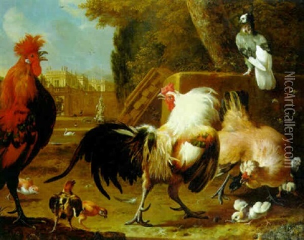 Cockerels Fighting Over A Hen And Chicks In A Garden Oil Painting - Melchior de Hondecoeter