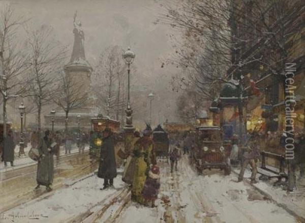 Paris Im Winter. Oil Painting - Eugene Galien-Laloue