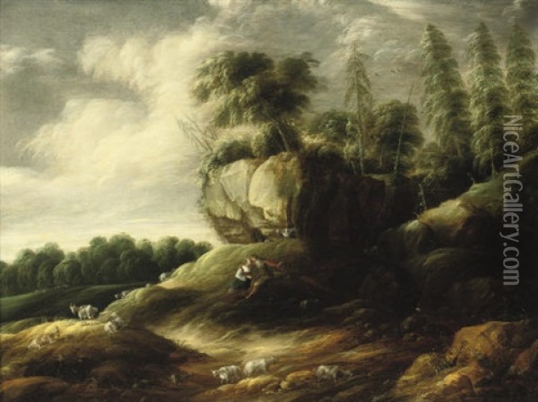 A Wooded Rocky Landscape With A Couple Tending Sheep Oil Painting - Gillis (Egidius I) Peeters