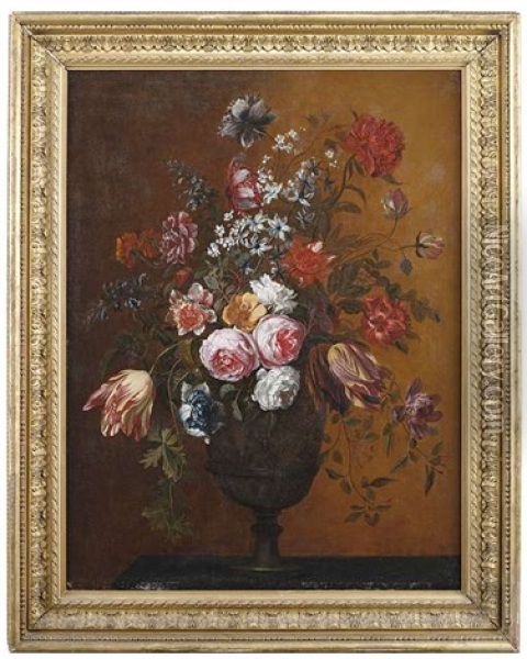 Blumenstilleben In Einer Reliefierten Vase Auf Steinpodest Oil Painting - Jakob Bogdani
