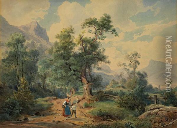 Bewaldete Landschaft Mitstaffagefiguren Oil Painting - Carl Hummel