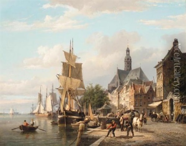 Tallship Moored By A Quayside Oil Painting - Cornelis Christiaan Dommelshuizen
