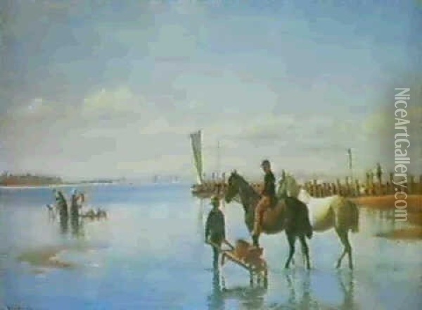 Sommerdag Ved Kysten, Nogle Koner Vasker Toj Og En Dreng    Rider Heste Til Vands Oil Painting - Christian Blache
