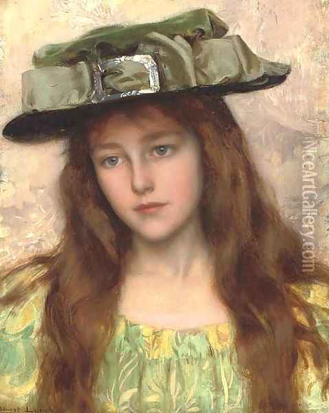 A Young Beauty in a Green Hat Oil Painting - Albert Lynch