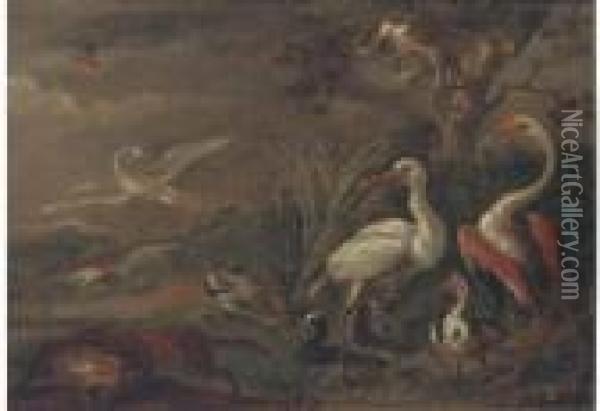 A Fox Chasing Birds In A Landscape Oil Painting - Ferdinand van Kessel