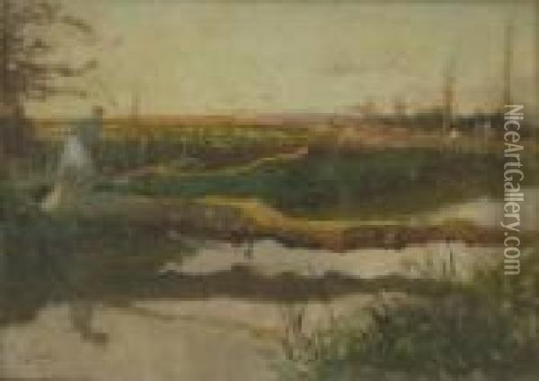 Paesaggio Con Ruscello, Contadine Ed Albero Caduto Oil Painting - Pio Joris