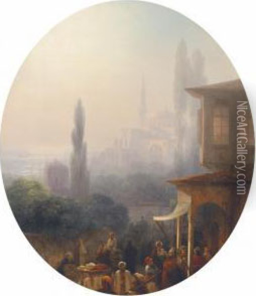 A Market Scene In Constantinople, With The Hagia Sophiabeyond Oil Painting - Ivan Konstantinovich Aivazovsky