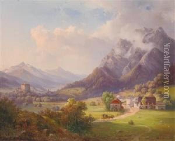 Blick Auf Den Grimming Und Schloss Trautenfels Oil Painting - Edmund Mahlknecht