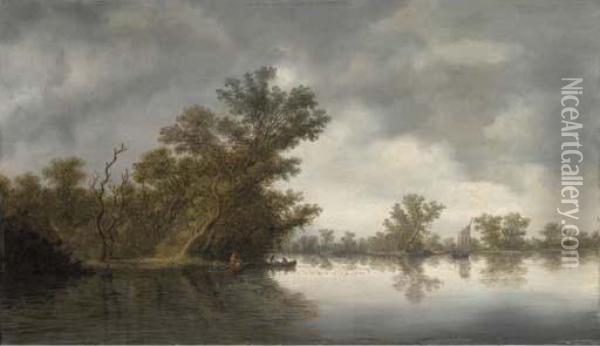 A Wooded River Landscape With Fisherman In Boats Oil Painting - Salomon van Ruysdael