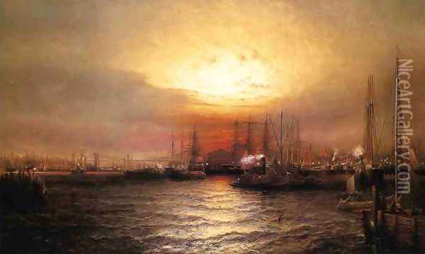Sunrise from Chapman Dock and Old Brooklyn Navy Yard, East River, New York Oil Painting - Elisha (Taylor) Baker