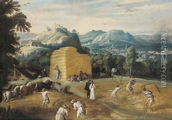 Summer A mountainous village landscape with peasants threshing wheat in a field Oil Painting - Gillis Mostaert