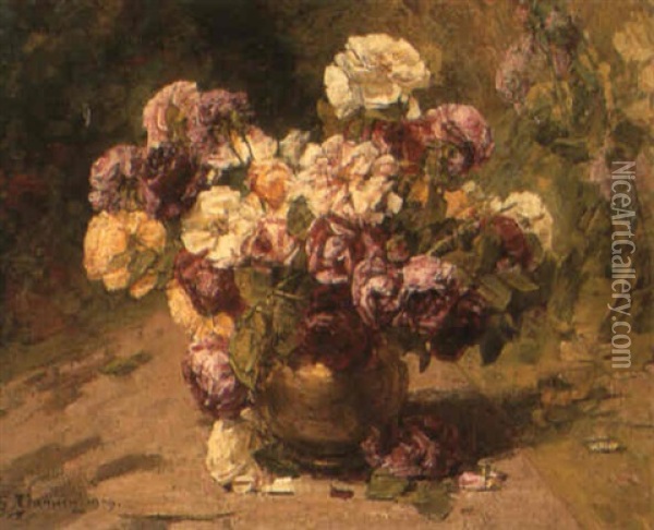 A Bouquet Of Roses Oil Painting - Georges Jeannin