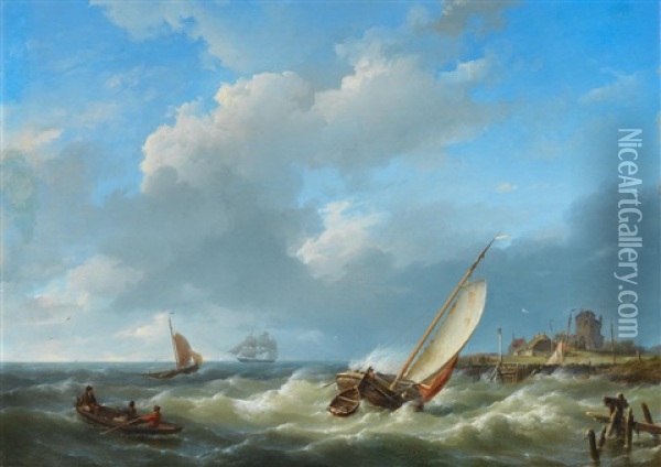 Fishing Vessels In A Squall Oil Painting - Hermanus Koekkoek the Elder