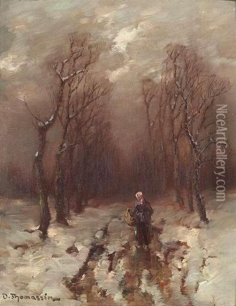 Desire . Countrywoman Walking On A Wintry Avenue. Oil/panel, Signed Oil Painting - Desire Tomassin