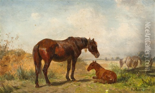 Stute Mit Ihrem Fohlen Auf Der Weide Oil Painting - Ludwig Hartmann