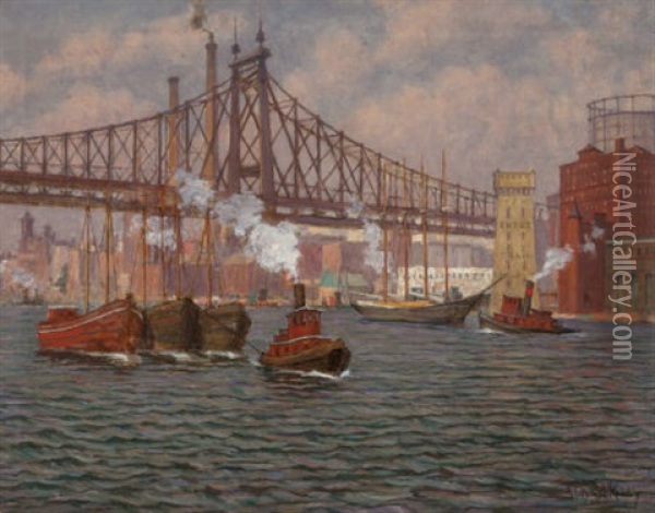 Tugboats In The East River, New York, Circa 1910 Oil Painting - Aloysius C. O'Kelly