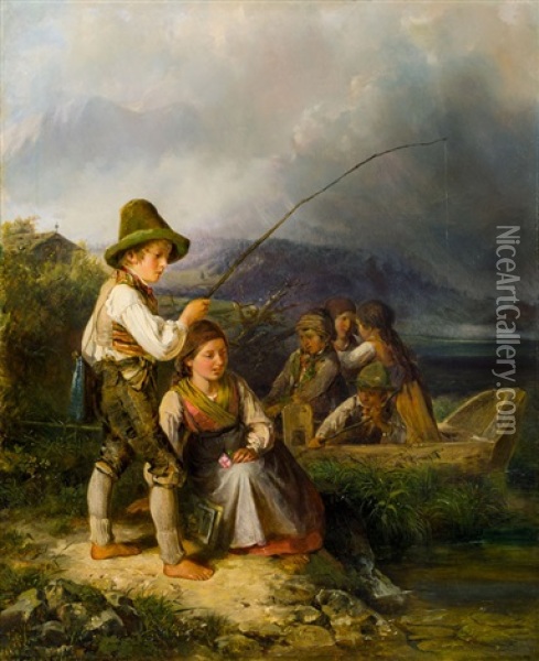 Kinder Am Ufer Des Grundlsees Oil Painting - Johann Matthias Ranftl