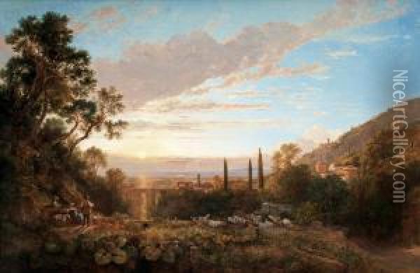 Italian Landscape With A Shepherd's Family In Night Fall Oil Painting - George Jnr Barrett