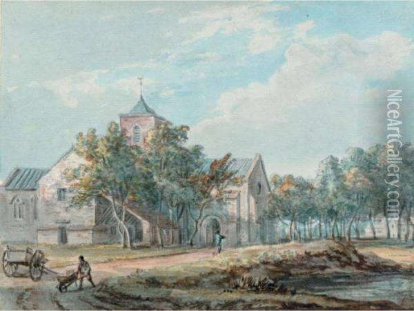 Figures Before A Village Church Oil Painting - Paul Sandby